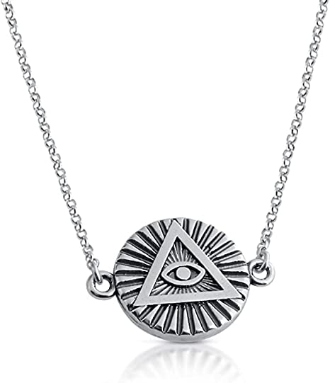 AZAGGI 925 Sterling Silver Illuminati Circle Sideways All Seeing Eye Charm Pendant Necklace