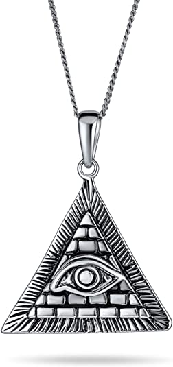 Unisex Ancient Egyptian Ra Udjat Horus Evil Eye Free Mason Masonic Ancient Talisman Mystic Symbol Triangle Egyptian Pyramid Horus Evil Eye Pendant Necklace For Men Women Oxidized .925 Sterling Silver