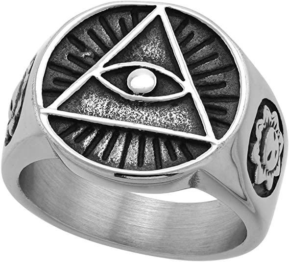 Sabrina Silver Stainless Steel Illuminati All Seeing Eye of Providence Ring for Men Round 11/16 inch Wide Size 9-13