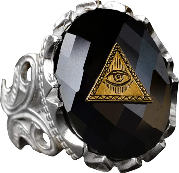 Illuminati Ring, Sterling Silver Ring, Protection Ring, Witchcraft, Evil Eye Pyramid Symbol, Obsidian Stone Ring